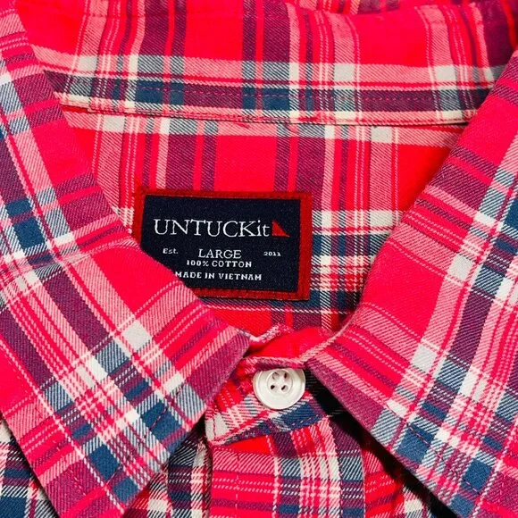 Untuckit Button Down Plaid Red Blue White Lightweight Cotton Shirt Men's Large. - Picture 2 of 8